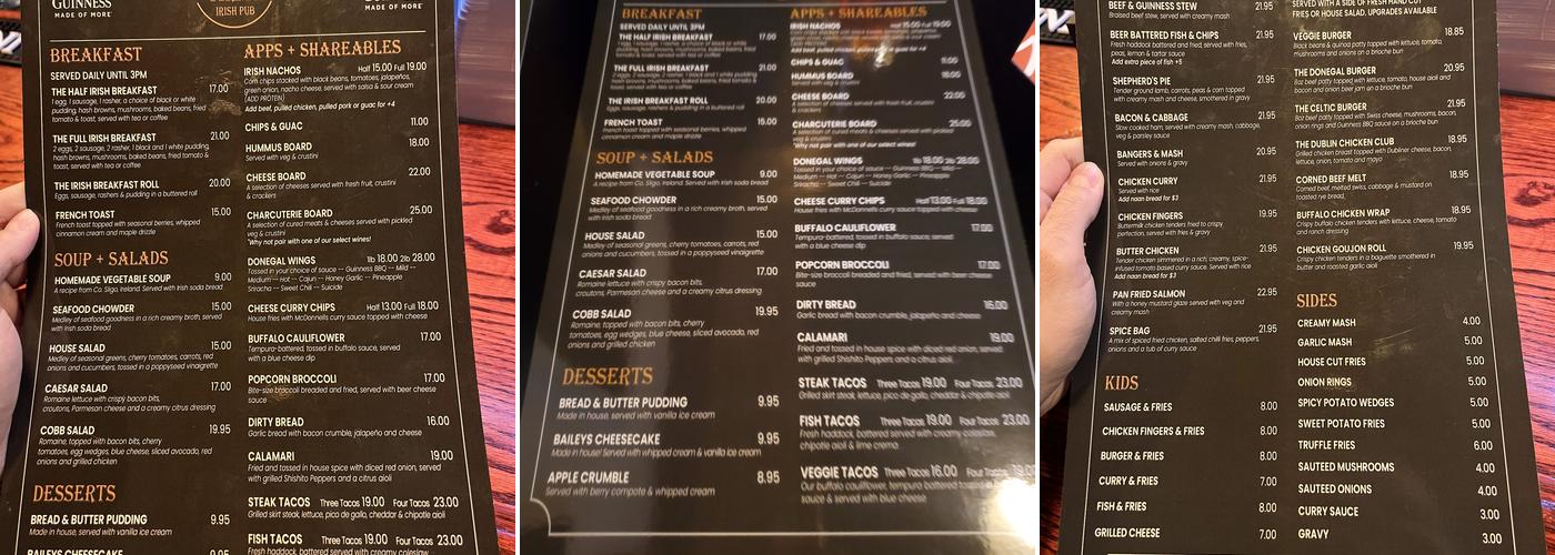 The Donegal Arms Menu