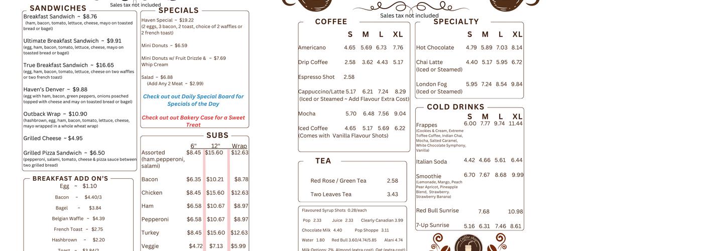 Kunz's Korner Haven Menu