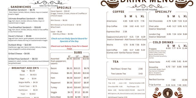 Kunz's Korner Haven Menu