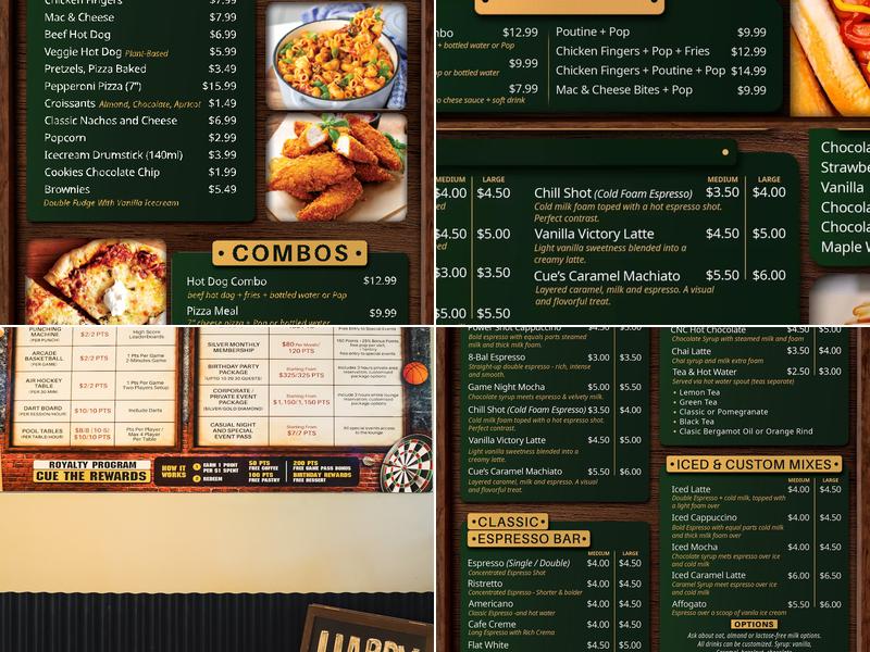 Cue's N Cushion Menu