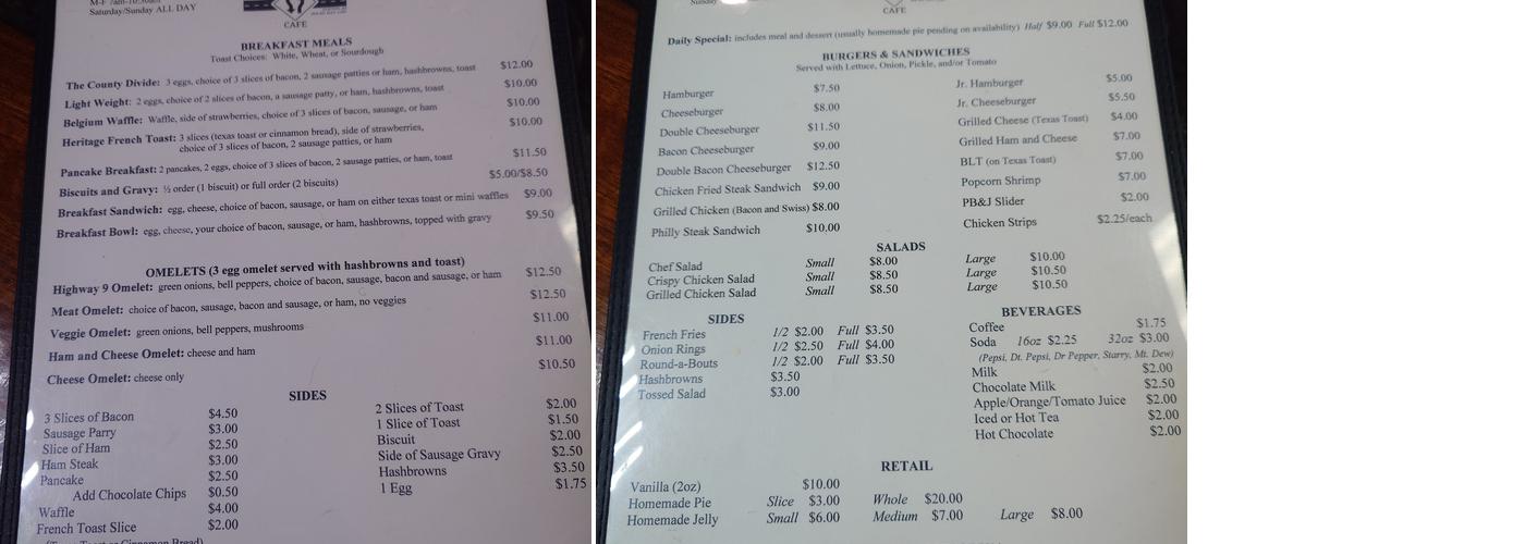 County Divide Cafe Menu