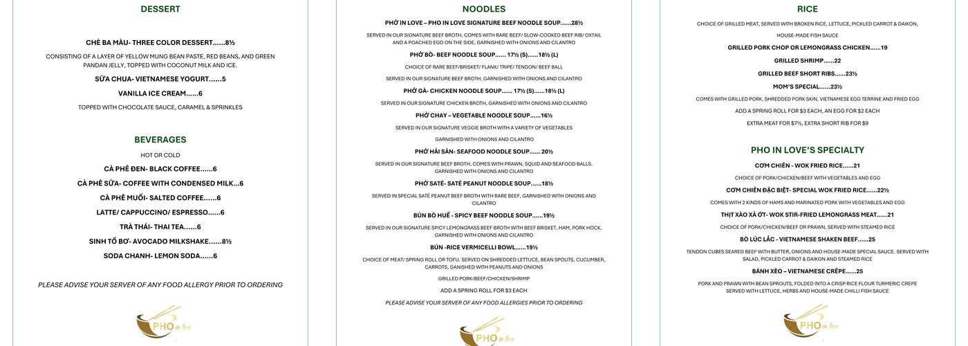 PHO IN LOVE AUTHENTIC VIETNAMESE RESTAURANT & BAR Menu