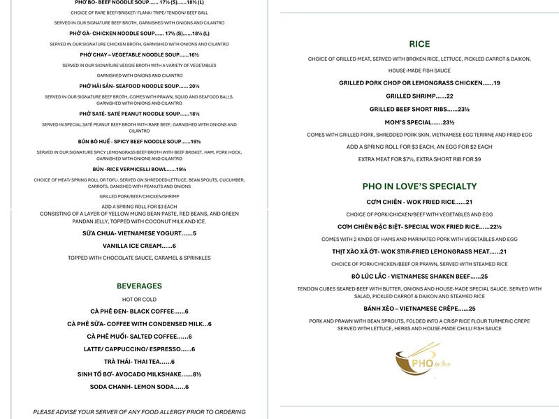 PHO IN LOVE AUTHENTIC VIETNAMESE RESTAURANT & BAR Menu