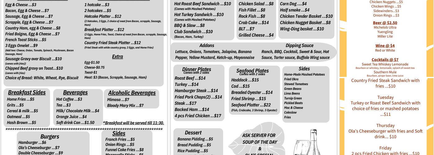 Ola’s Home style kitchen Menu