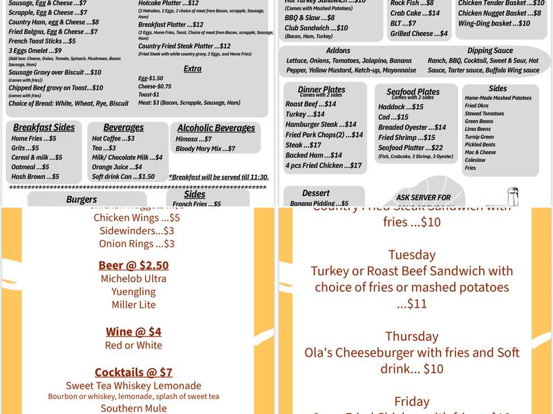 Ola’s Home style kitchen Menu