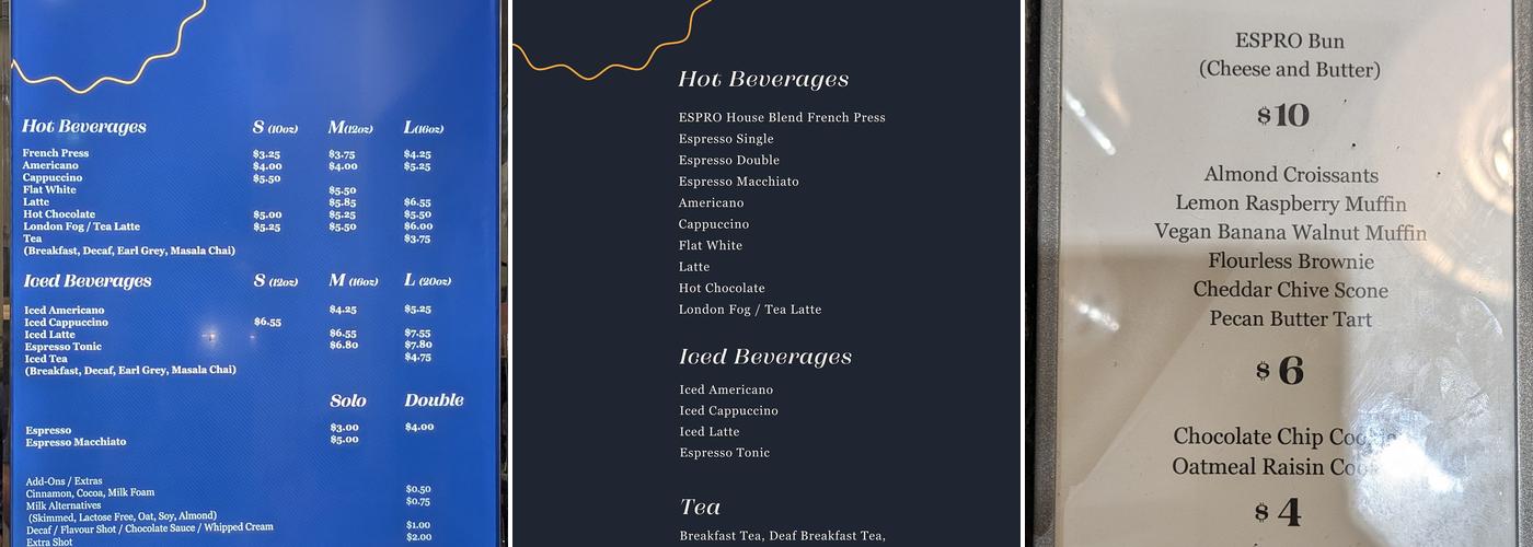 ESPRO Coffee Bar Menu