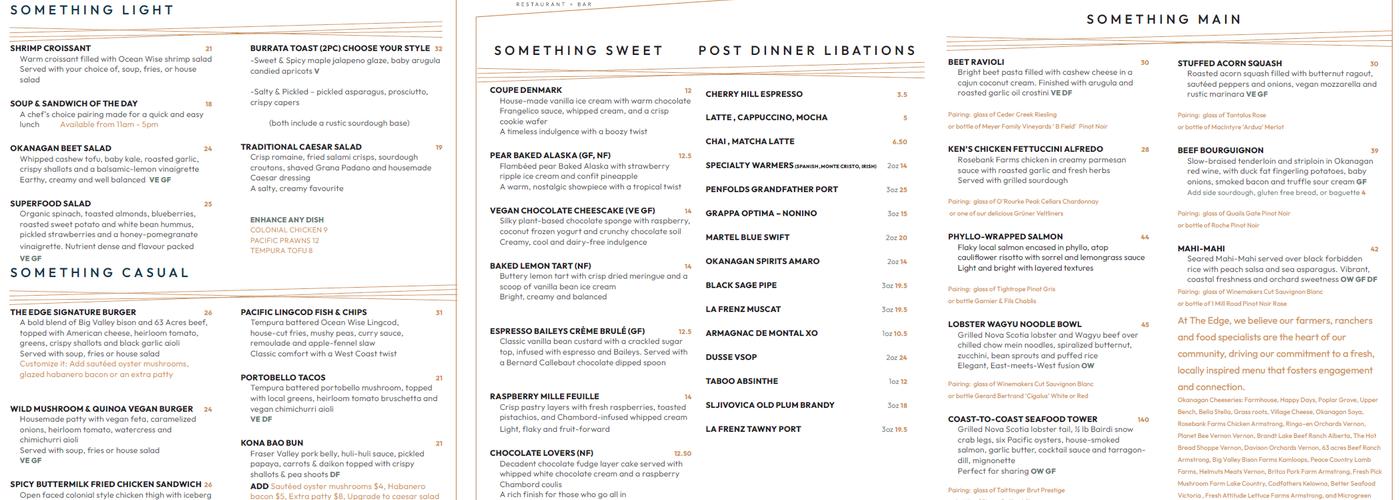 The Edge Restaurant & Bar Menu