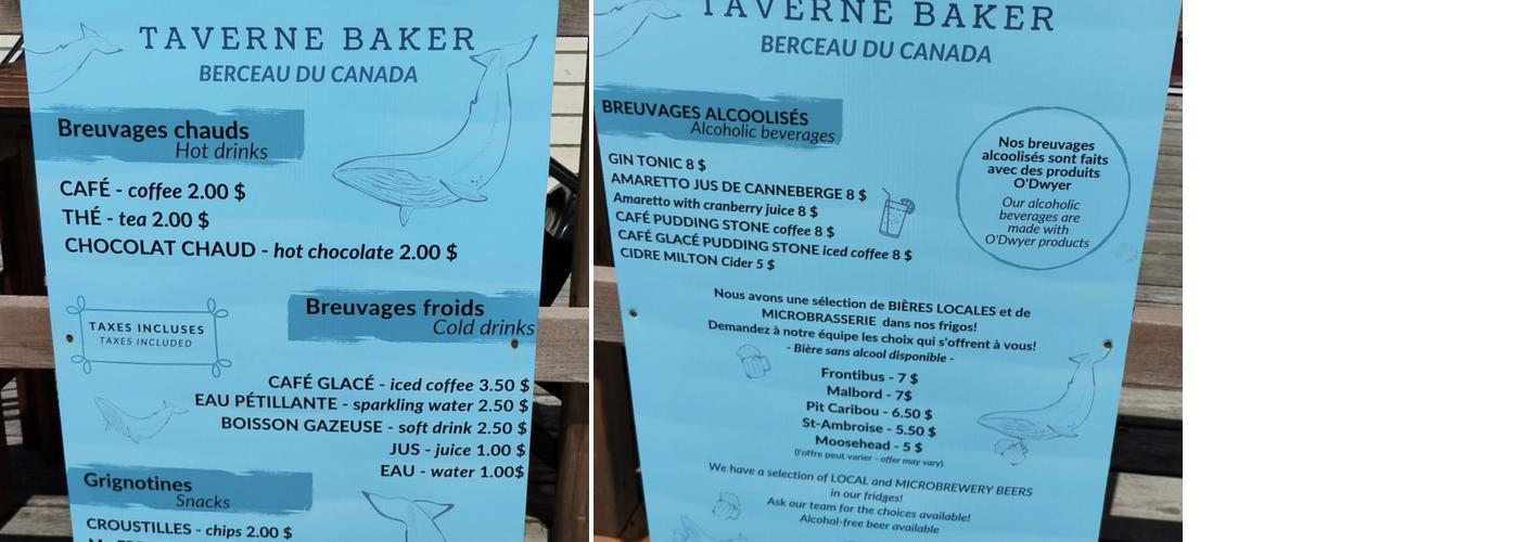 Taverne BAKER Menu