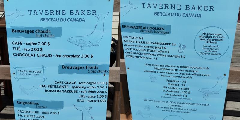 Taverne BAKER Menu