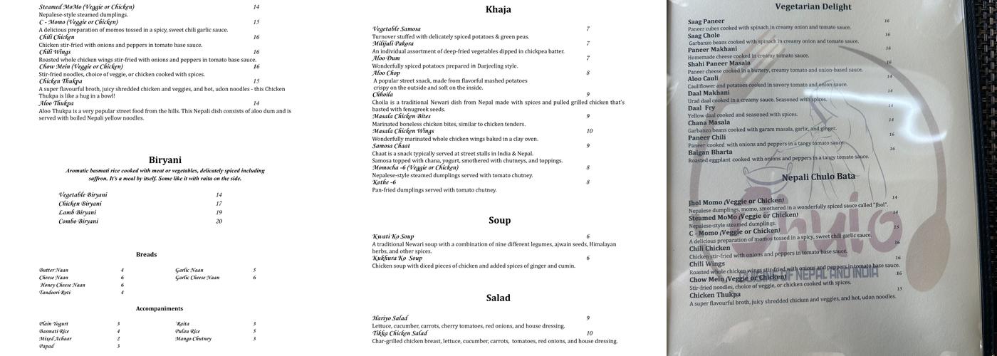 Chulo Cuisine of Nepal & India Menu