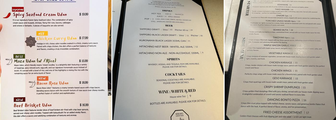 Mikaku Udon Bar Menu