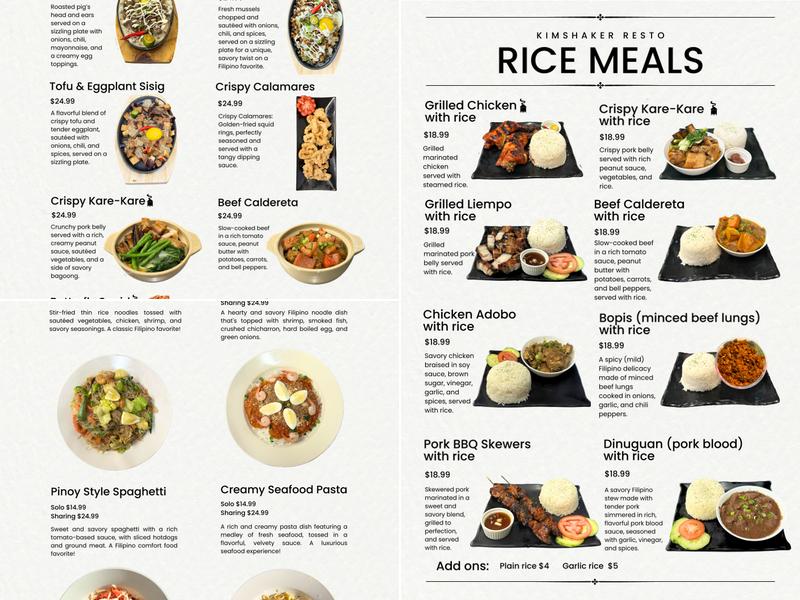 Kimshaker Resto: Modern Filipino Cuisine Menu