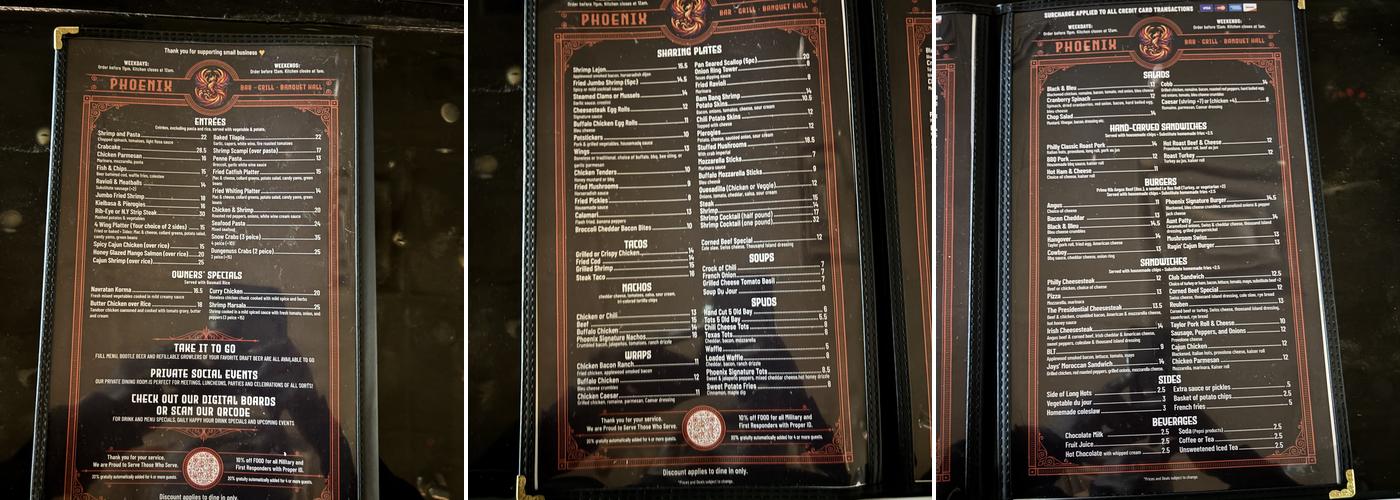 Phoenix Bar & Grill Aston Menu