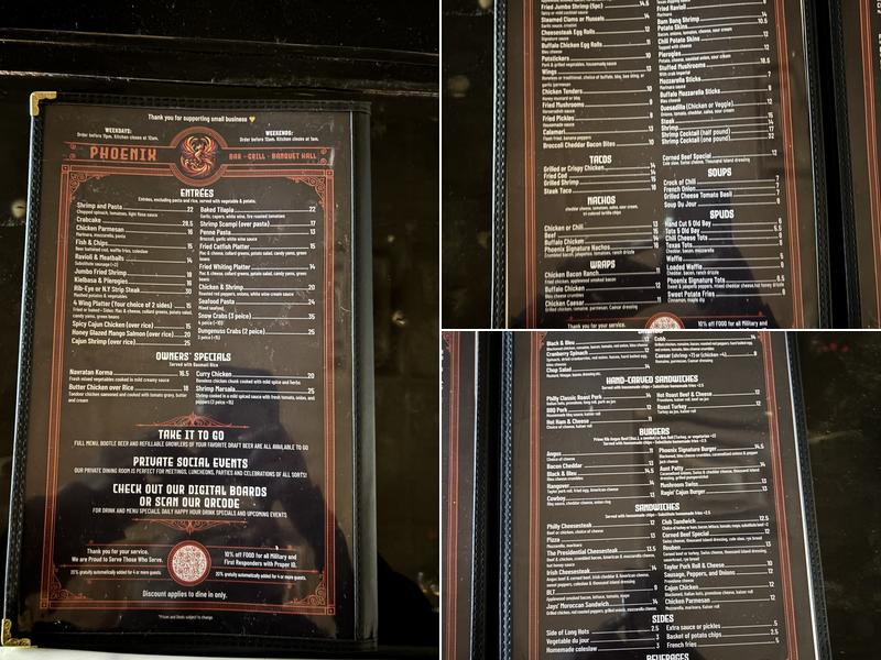 Phoenix Bar & Grill Aston Menu