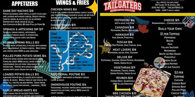 Tailgater's Sports Bar Menu