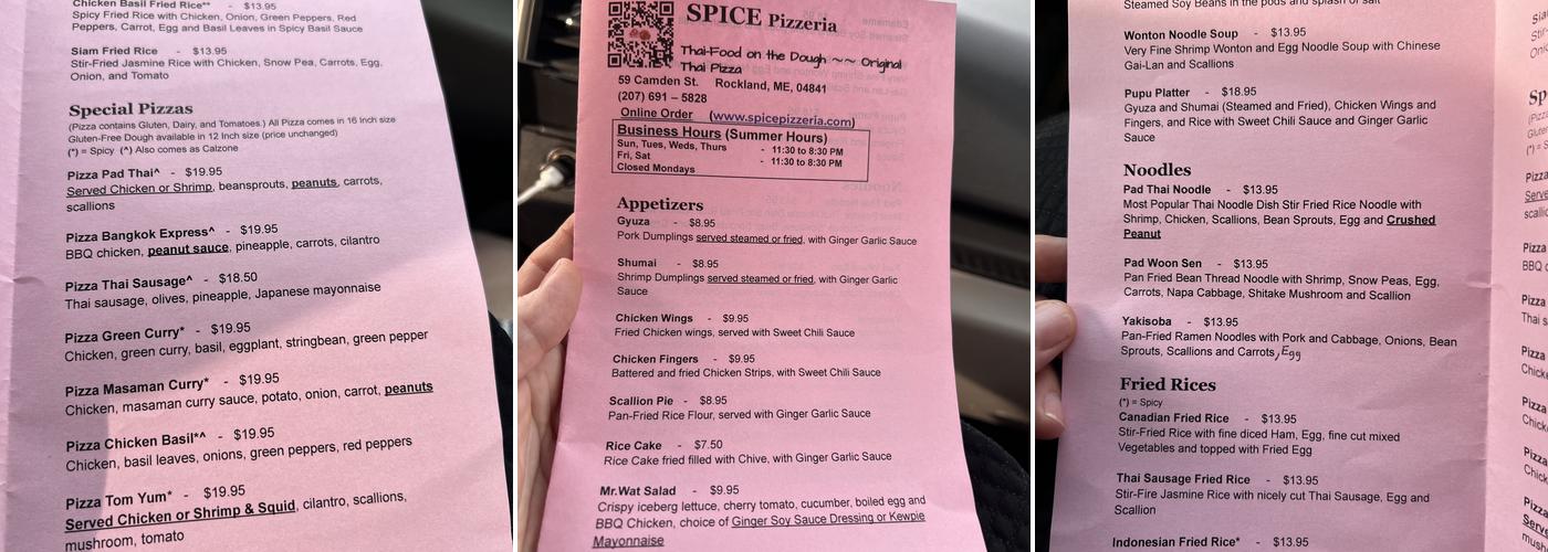 Spice Pizzeria Menu