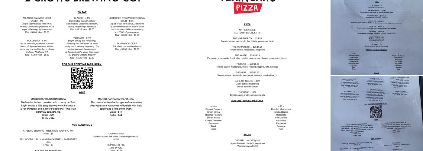 2 Crows Oxford Taproom + Yeah Yeahs Pizza Menu