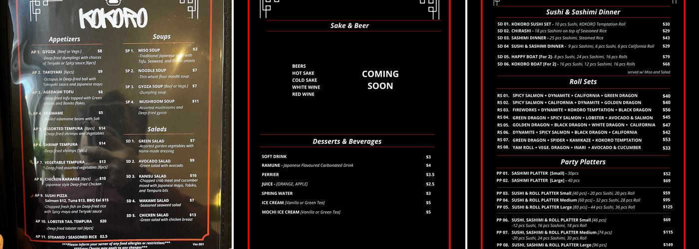 KOKORO Japanese Sushi House Menu