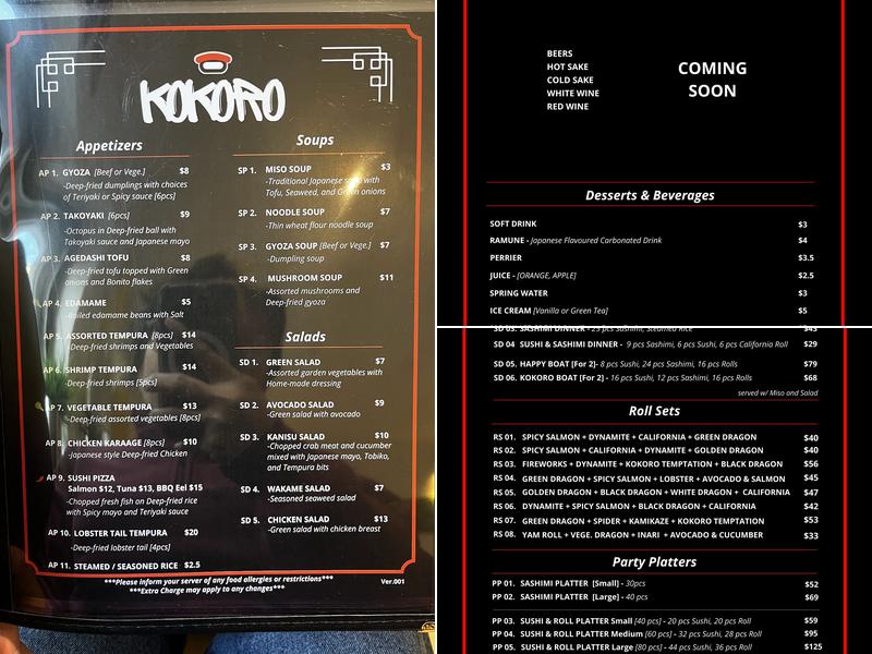 KOKORO Japanese Sushi House Menu