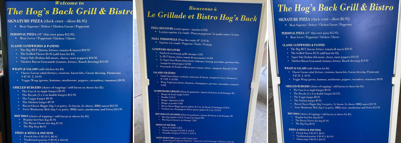 The Hog's Back Grill & Bistro Menu