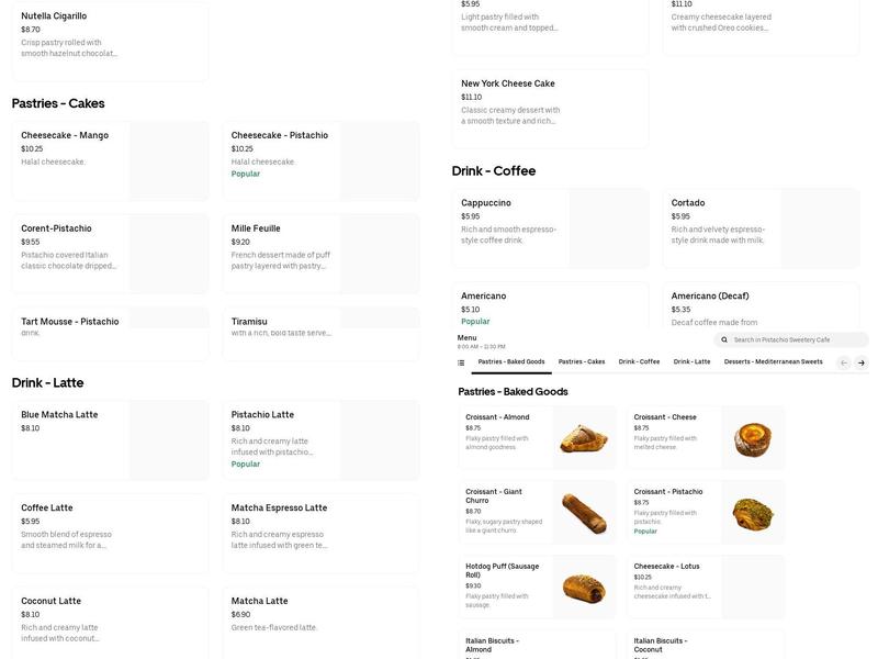 Pistachio Sweetery Cafe Menu