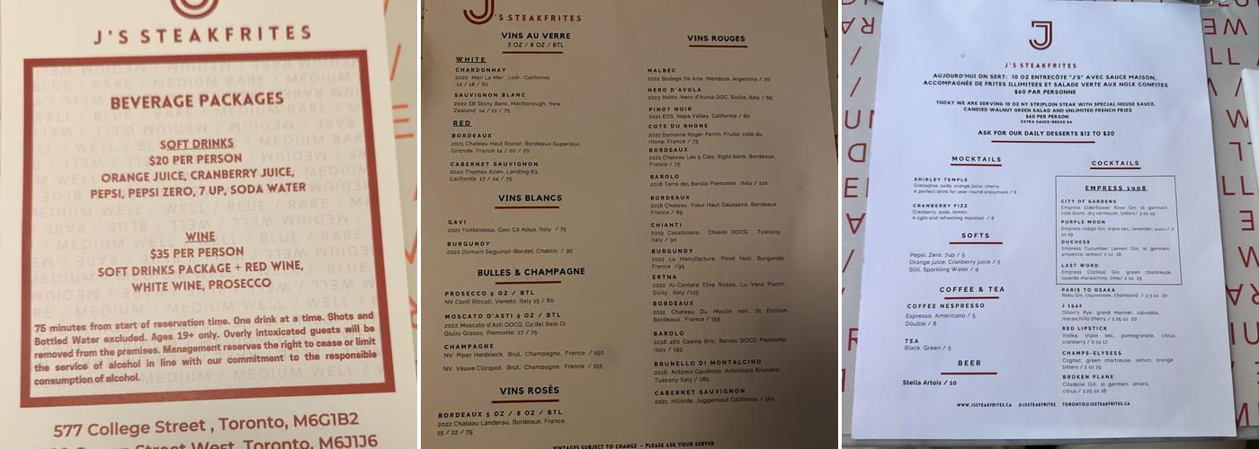 J's Steak Frites Menu