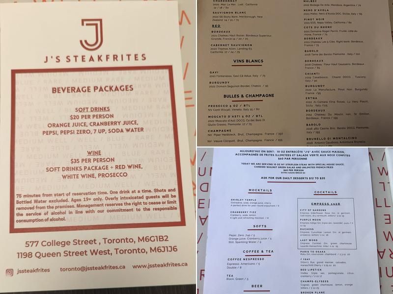 J's Steak Frites Menu