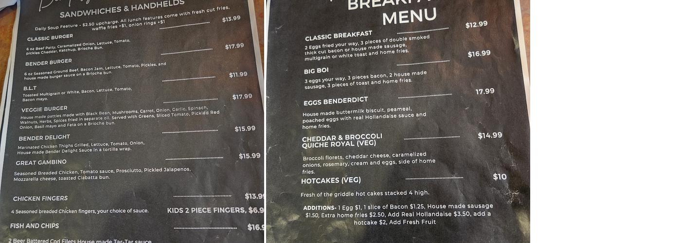 Benders Bar and Grill Menu