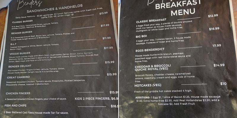 Benders Bar and Grill Menu