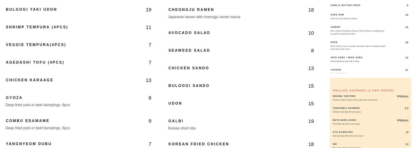 Cheongju Izakaya Menu
