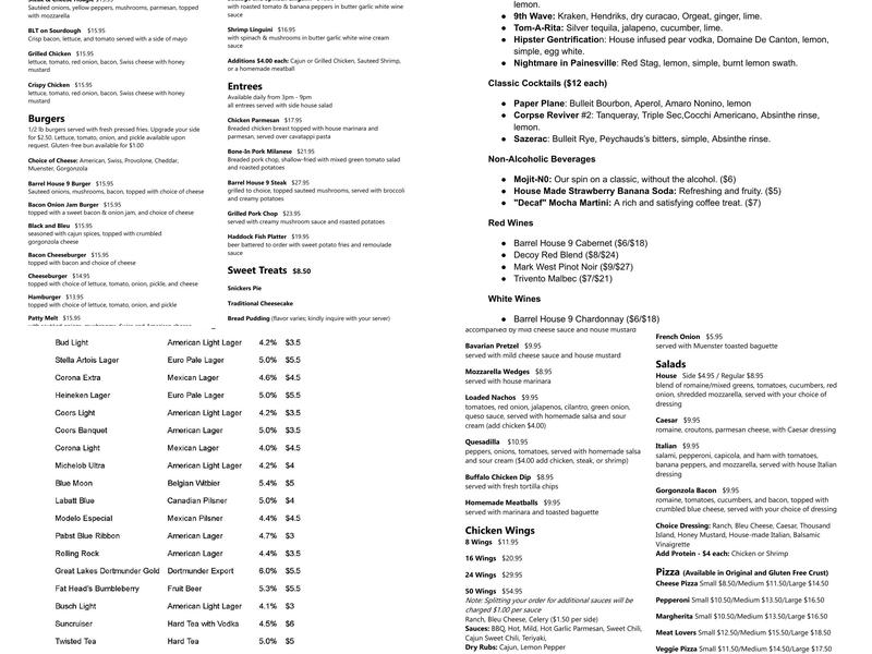 Barrel House 9 Menu