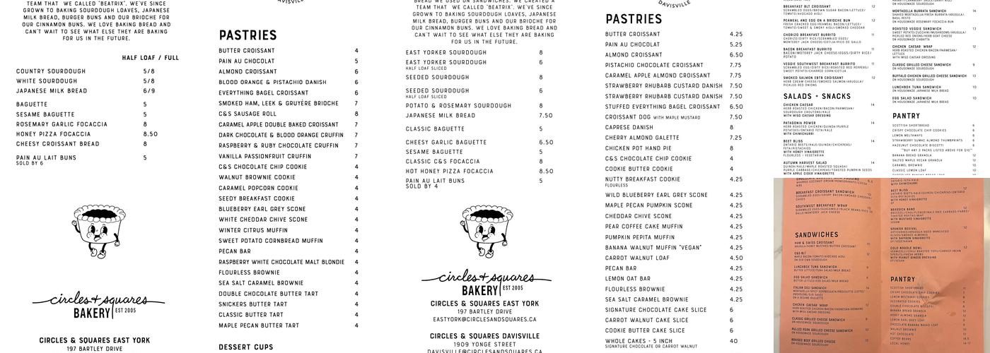 Circles & Squares Bakery Café Menu