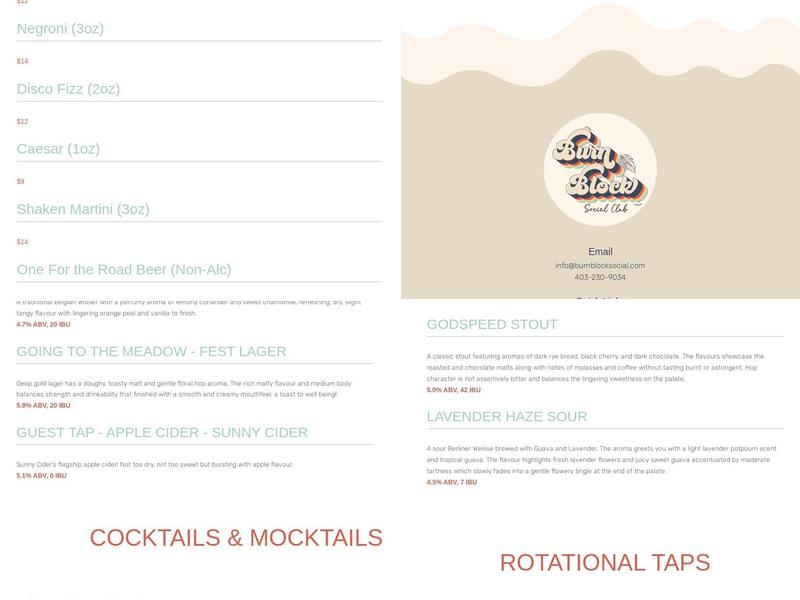 Burn Block Social Club Menu