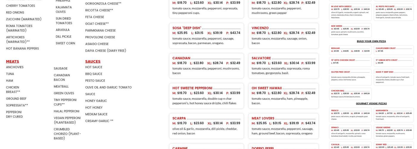 Sid's Gourmet Pizza Menu