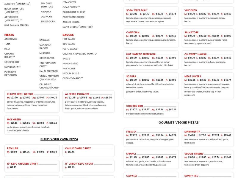 Sid's Gourmet Pizza Menu