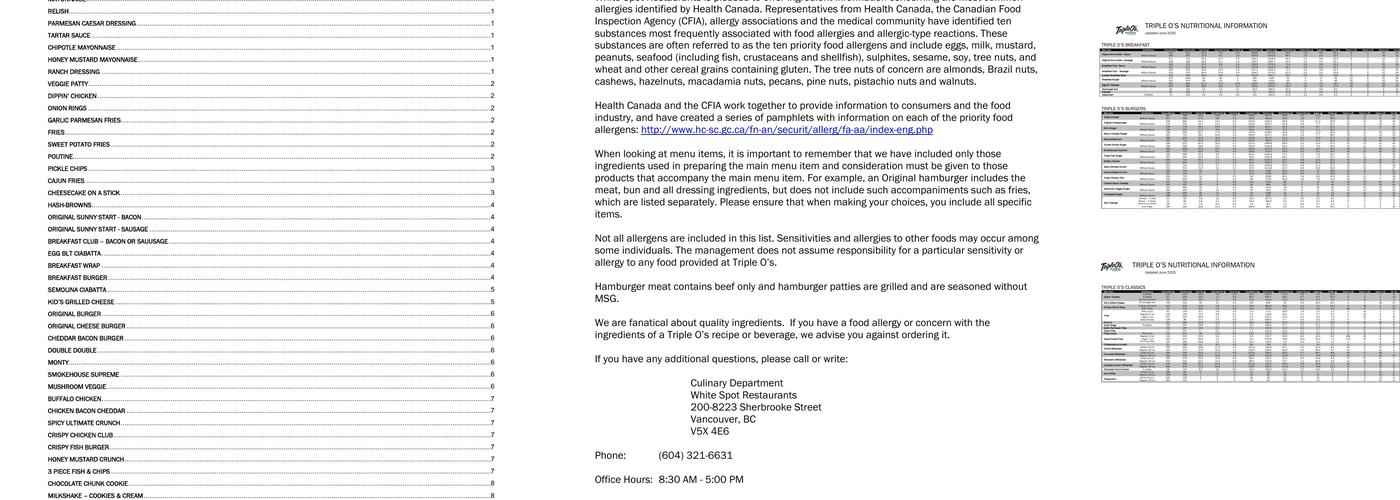 Triple O's South Trail Plaza Menu