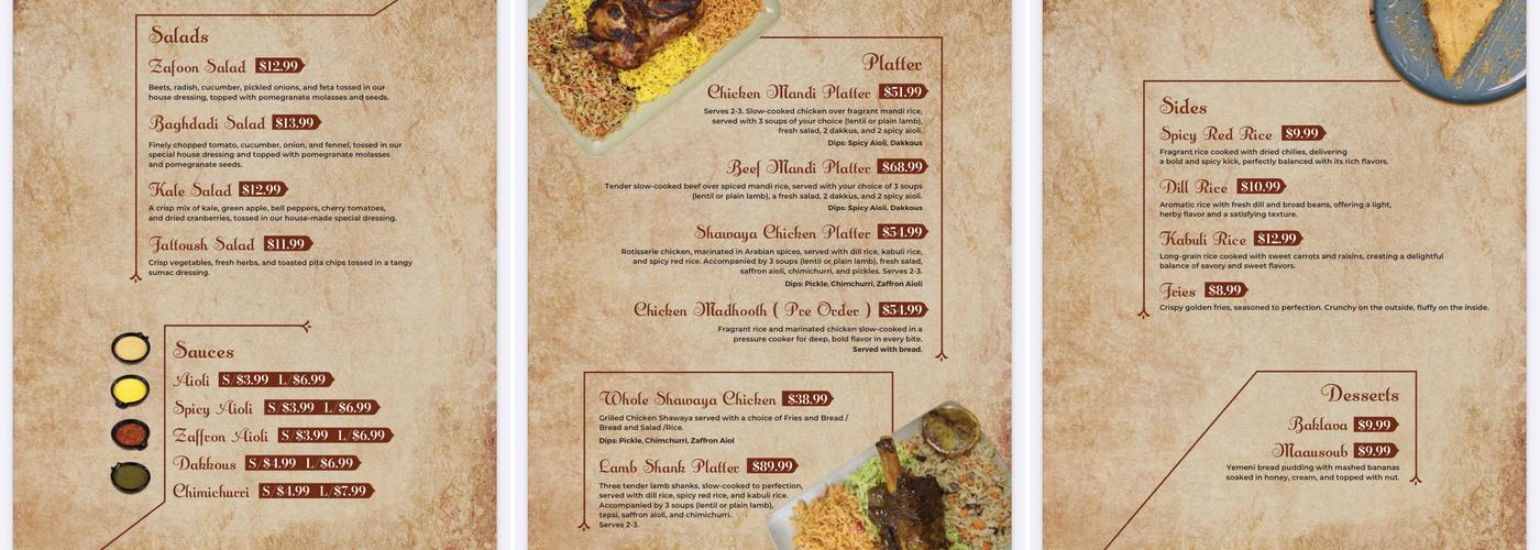 Zafoon Middle Eastern Restaurant. Menu