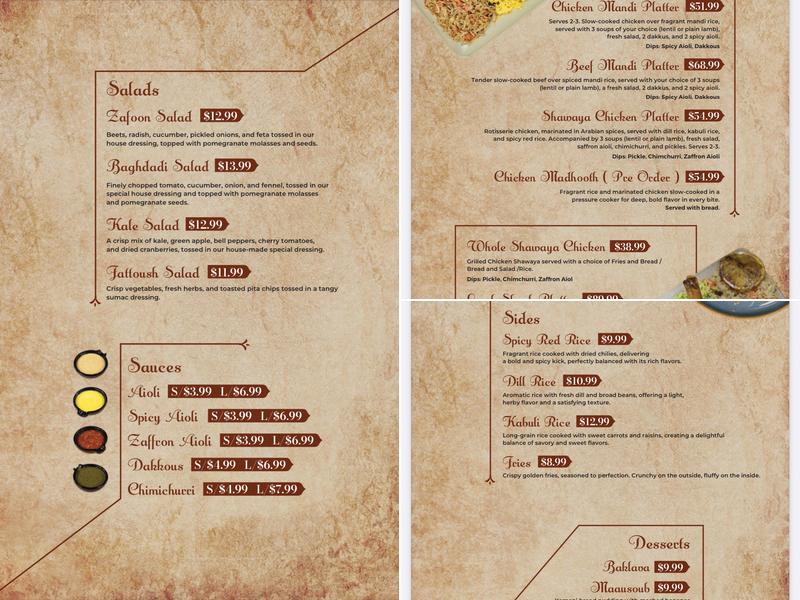 Zafoon Middle Eastern Restaurant. Menu