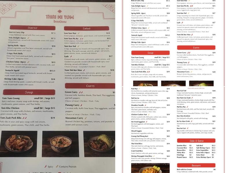 Thai Ni Yom (Thai Restaurant) Menu