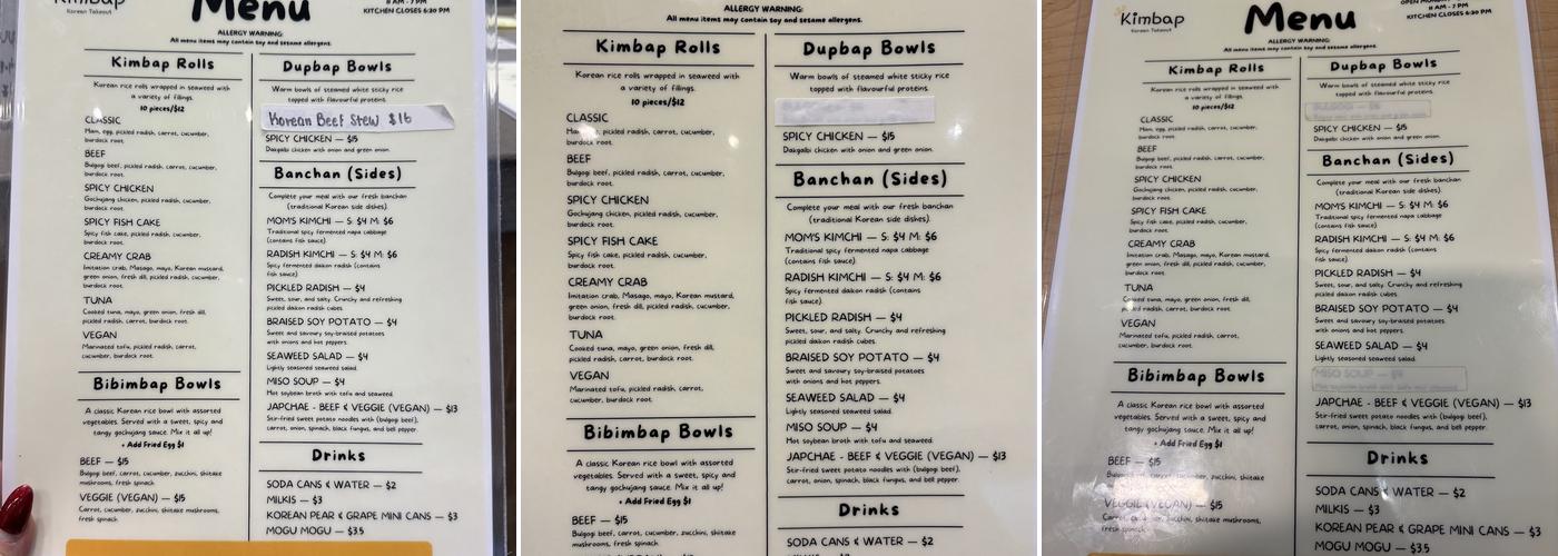 Kimbap Menu