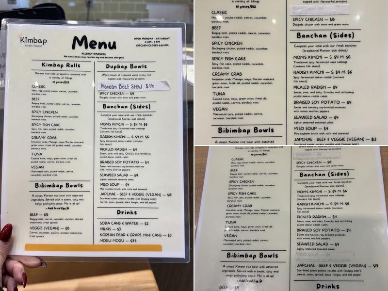 Kimbap Menu