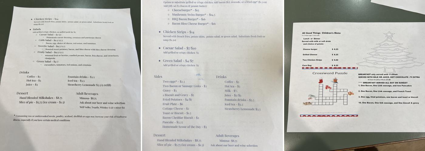 All Good Things Cafe and Eatery Menu