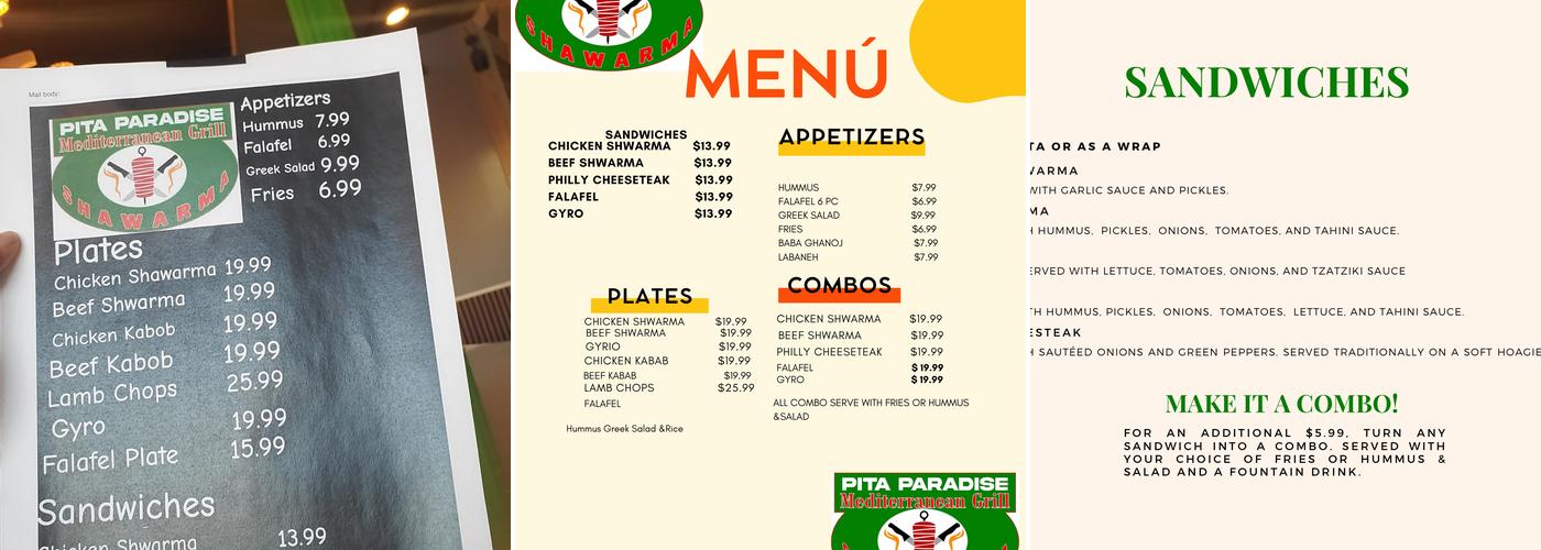 Pita paradise Mediterranean Grill Menu
