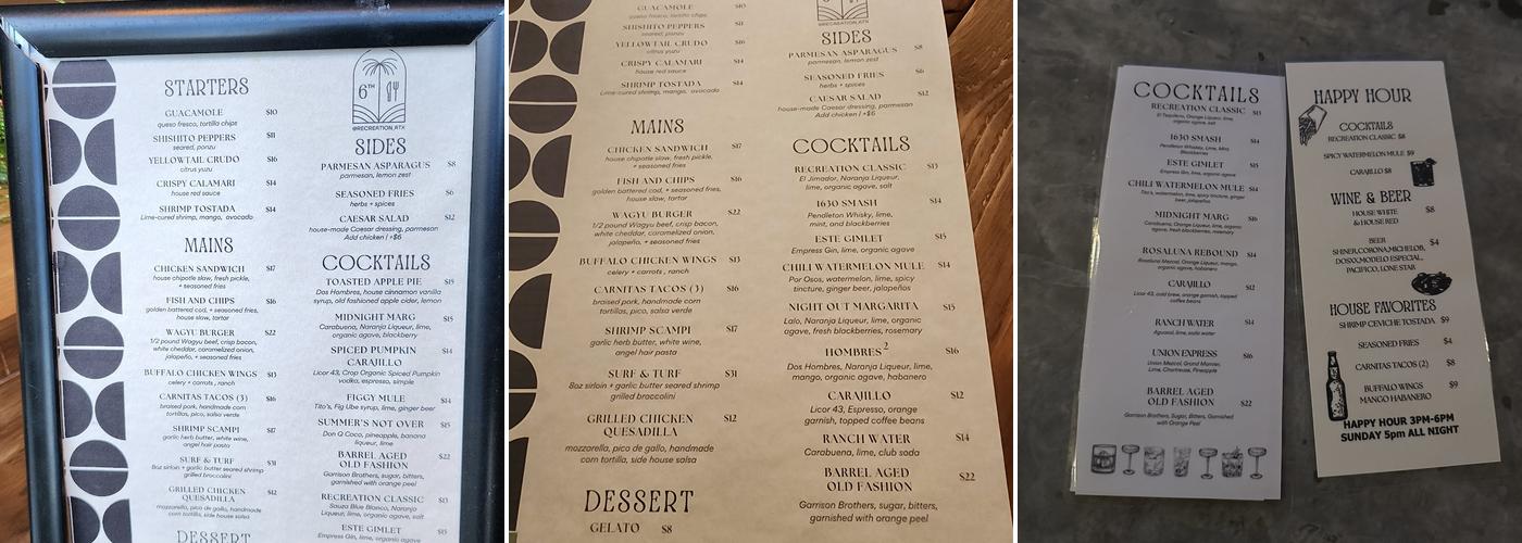 Recreation Sports and Social Menu