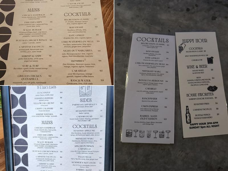 Recreation Sports and Social Menu