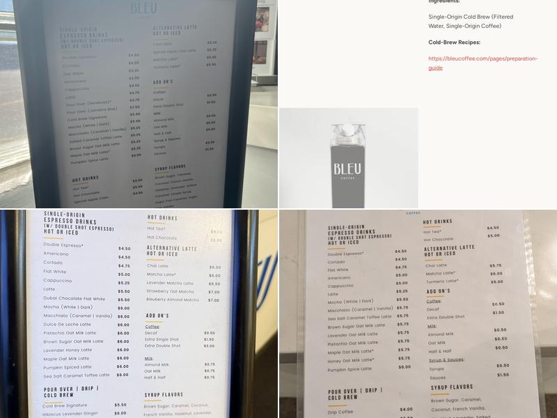 Bleu Coffee Menu