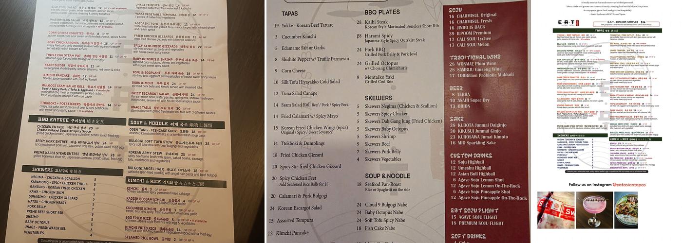 EAT Asian Tapas Menu