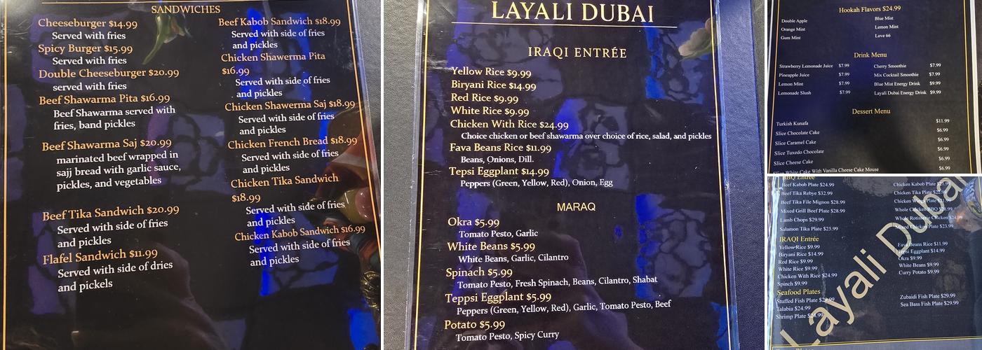 LAYALI DUBAI RESTAURANT مطعم ليالي دبي Menu