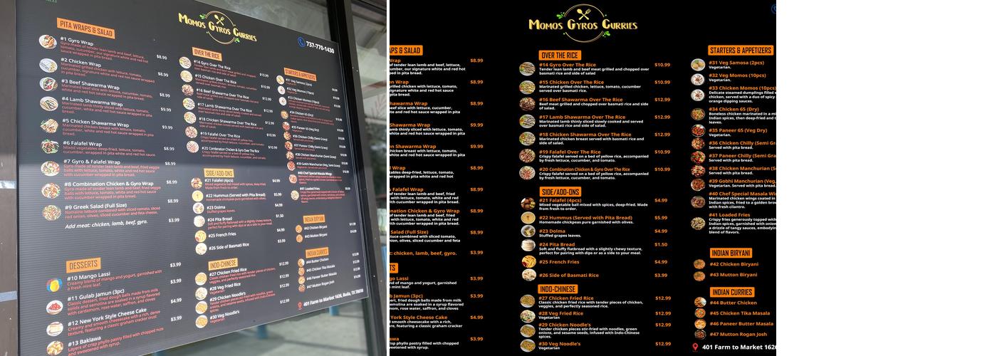 Momos Gyros Curries Halal Menu