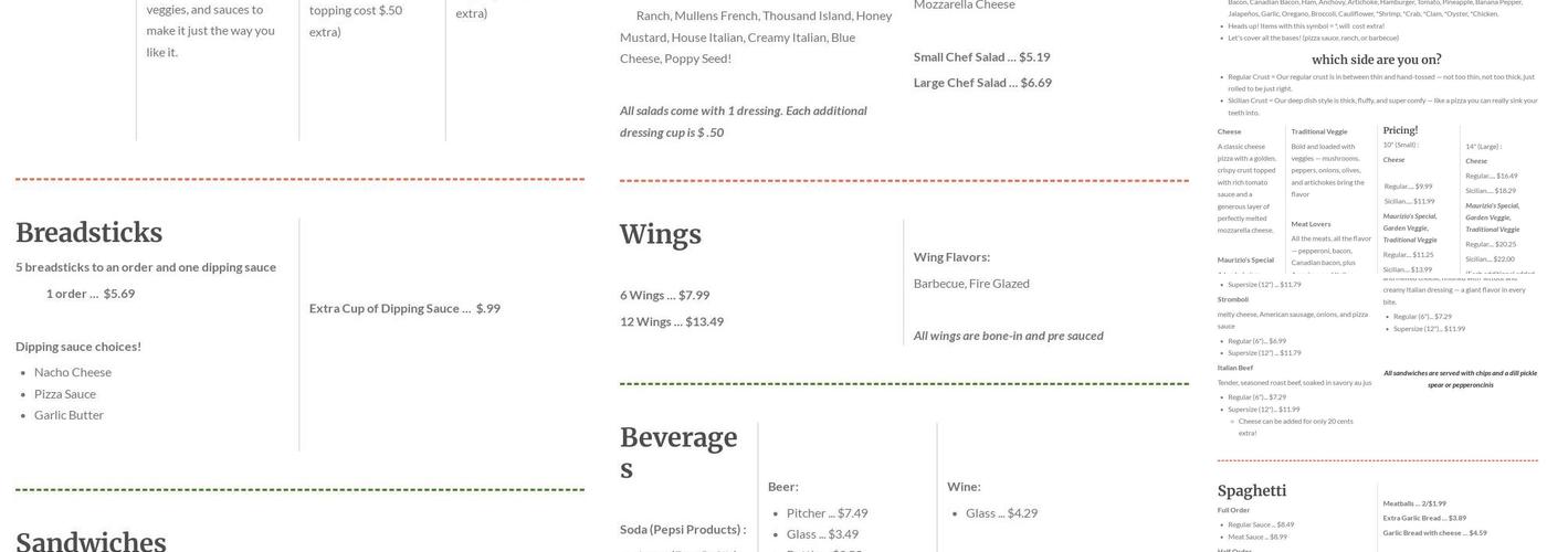 Maurizio's Pizza Menu